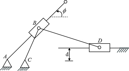 The mechanism shown has AC = 0.1 m, BC = 0.3 m, BD = 0.9 m, and d = 0.1 ...