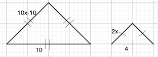 The triangles are similar, find the distance represented by x. The sides are 10x -10 and 10 ...
