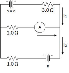 The ammeter in (figure) reads 6.0 A. a. Find I_2. b. Find epsilon ...